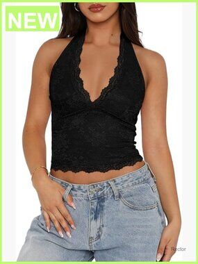 V Neck Lace Halter Backless Double Lined Tank Top